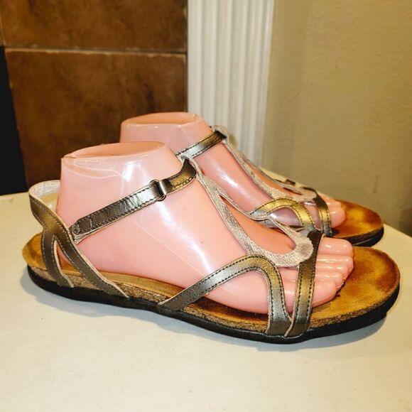 NAOT Strappy Silver Faux Snake Print Velcro Closure Leather Sandals Sz 11 - Picture 1 of 11